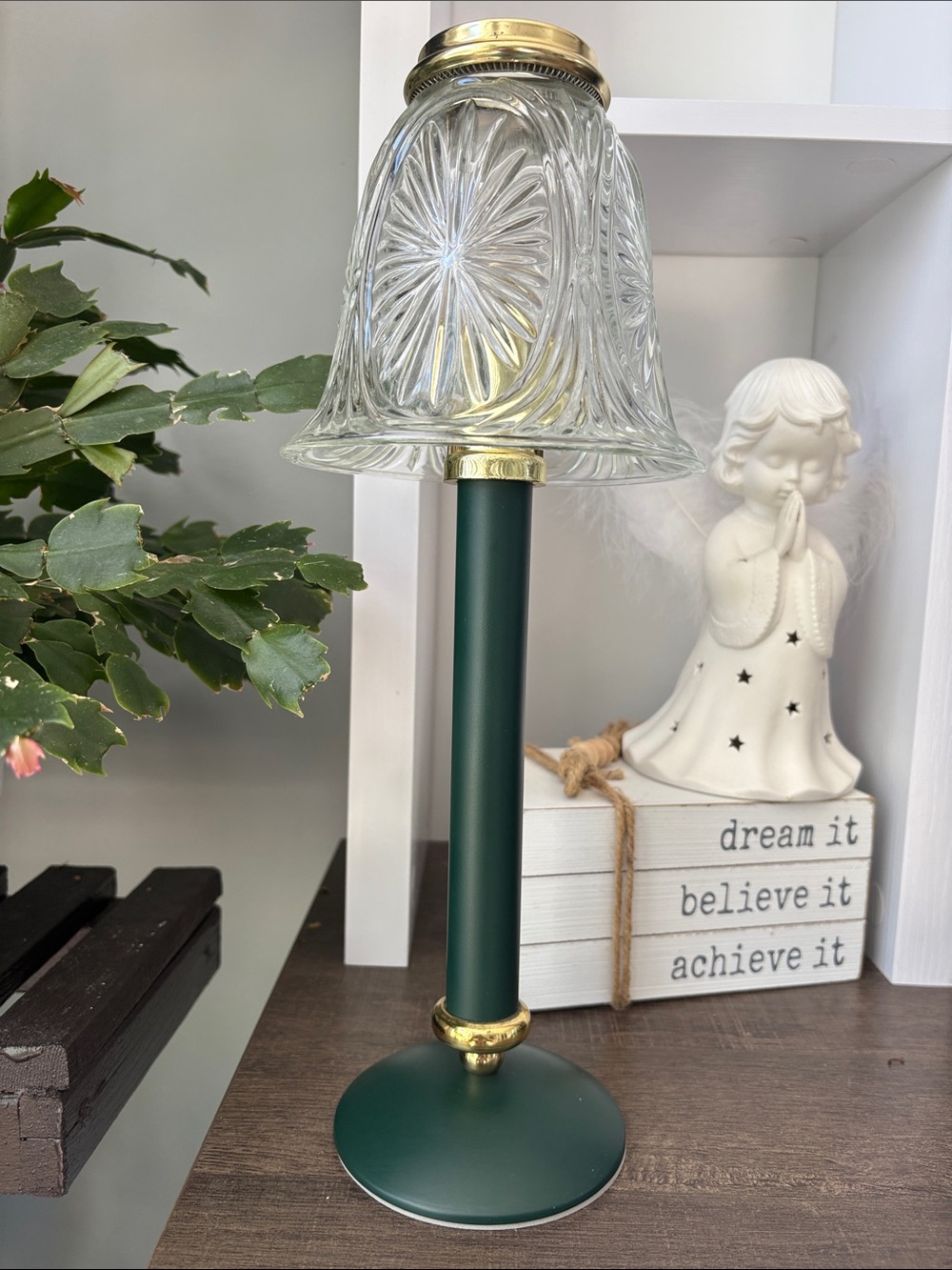 Vintage Partylite Stratford Dark Green Candle Lamp Glass Shade Starburst Design